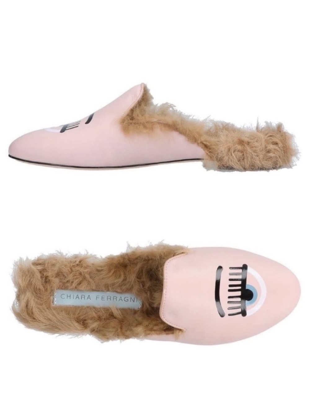 New! CHIARA FERRAGNI Flirting Eye Pink Leather Fur Mules Slides EU 36